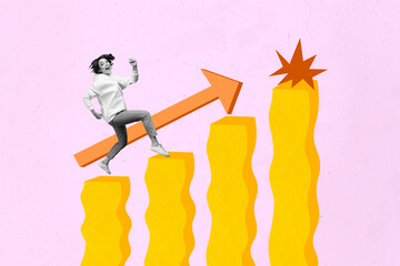 Collage picture of young successful crazy businesswoman runner stats progress charts finish genius startup isolated on pink background