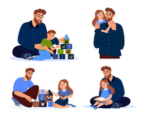 Set of Father and Child activities.Happy Smiling Dad Playing with Kid.Father,Dad Spend time with Kids, Girls and Son.Father in Decree with Children.Have Fun Together.Flat Vector Illustration Isolated