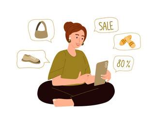 Woman doing shopping online with mobile phone, buying clothes on sale.Customer buyer using smartphone, making purchases through internet at home. Flat vector illustration isolated on white background