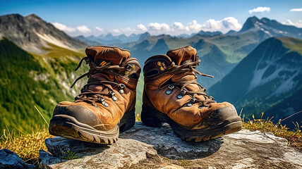 hiking boots with mountain scenery in the mountains. Generative Ai