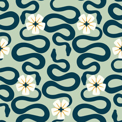 Vector seamless pattern with stylized snakes and flowers. - 609935652