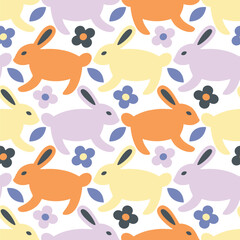 Vector seamless pattern design with jumping rabbits in a flowery meadow. - 609935689