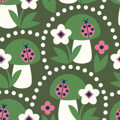 Seamless vector pattern with mushrooms, ladybugs and flowers. - 609935857