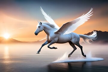 Obraz na płótnie Canvas white horse fly in the sky AI Generated 