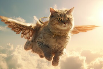 Cat as flying walkiria illustration generative ai - obrazy, fototapety, plakaty