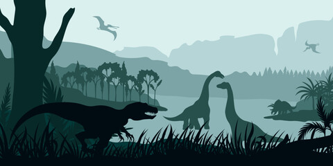 Prehistoric landscape with dinosaurs. Dino silhouette. Gigantic reptiles scene. Jurassic wildlife background. Ancient forest