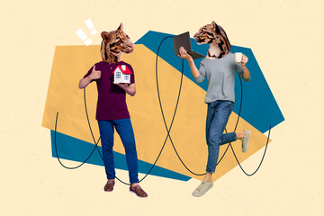 Banner collage illustration of two colleagues work realtors sell apartment quality house head tiger...
