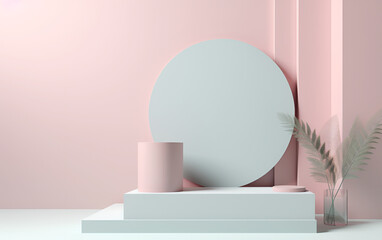 Abstract minimal scene with geometrical forms. Cylinder podiums in pink blue colors. Generative AI
