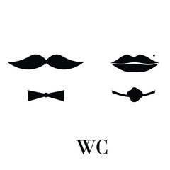 Black toilet icons, illustrations, mustache, lips 