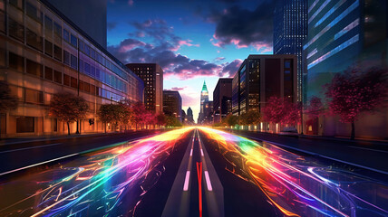 Fototapeta na wymiar Bands of light running through a modern city. Generative Ai