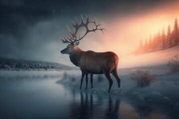 beautiful winter nature, deer, fantasy, wonderful festival, Generative ai