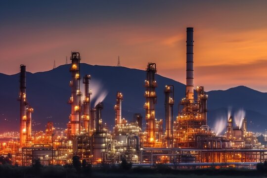 Twilight Desert Oil Refinery: Illuminating the Crude Oil Industry, Generated Ai