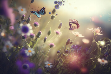 Butterflies in a spring meadow against the background of blurred nature and sun rays, a forest meadow with a lot of beautiful spring pink flowers outdoors on a bright sunny day, generated ai