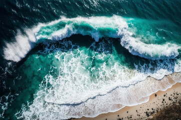 Aerial top view blue background of ocean water white calm wave splashing in the sea to the shore, strength and power of nature, generated ai