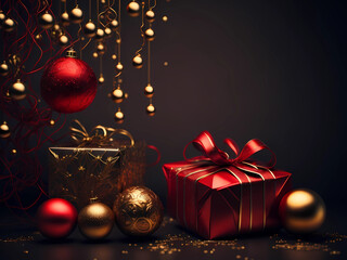 Exquisite Gift Box with Golden Satin Ribbon | Christmas Giftbox Concept with Beautiful Golden Ornaments