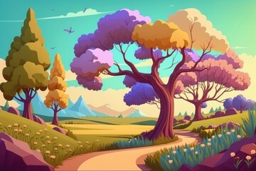 spring landscape background with trees cartoon style, Generative ai
