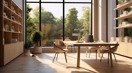 Fototapeta premium a roomy office and open space with two conference tables, wood walls, and a wooden desk, in the style of monochrome toning, photo-realistic landscapes, living materials, glazed surfaces, light silver 