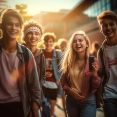 Fototapeta premium group of students walk and chilling together after they finished their class