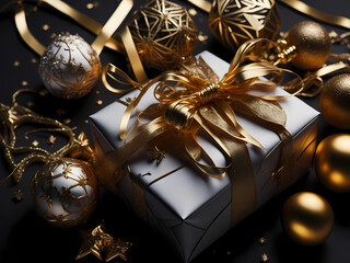Exquisite Gift Box with Golden Satin Ribbon | Christmas Giftbox Concept with Beautiful Golden Ornaments