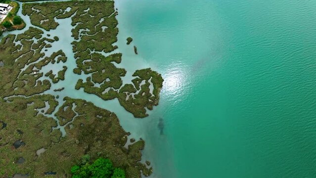 Dramatic aerial view of Drin river in Albania .
