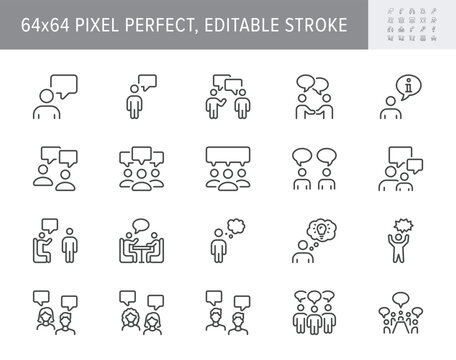 Talking people line icons. Vector illustration include icon - teamwork, business agreement, teamwork, discussion outline pictogram for meeting communication. 64x64 Pixel Perfect, Editable Stroke