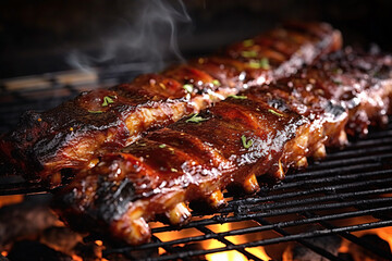 Close-up image of seasoned pork ribs on a bbq.