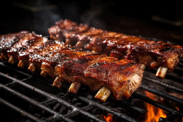 Close-up image of seasoned pork ribs on a bbq.