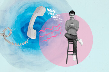 Creative abstract composite photo collage of happy man sit on chair look at smartphone laugh at...