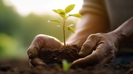 Hands of farmer growing and nurturing tree growing on fertile soil, Earth day concept, Generative AI