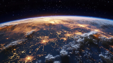 View of stars and milkyway above Earth from space. Beautiful space view of the Earth with cloud formation. Generative Ai