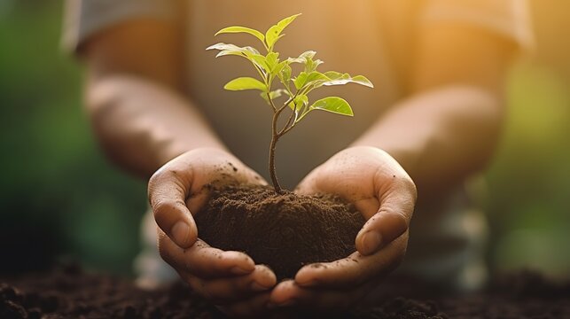 Hands of farmer growing and nurturing tree growing on fertile soil, Earth day concept, Generative AI