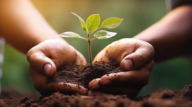 Hands of farmer growing and nurturing tree growing on fertile soil, Earth day concept, Generative AI