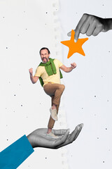 Photo collage of yelling funky businessman mature age finally got his promotion golden star...