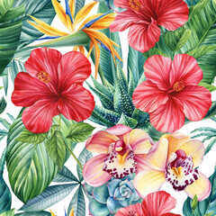 Seamless tropical pattern with palm leaves and hibiscus, orchid flowers. Botanical painting watercolor flora