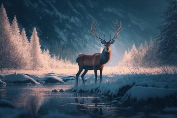 beautiful winter nature with deer, Generative ai
