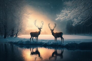 beautiful winter nature with deer, Generative ai