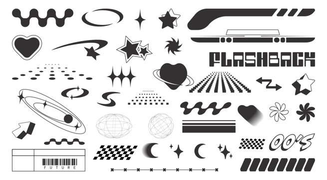 Set with Y2K elements. Aesthetic abstract vector shapes. Simple forms, symbols and frames y2k style.