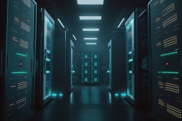 dark servers data center room with computers and storage systems and glowing elements, Generative ai