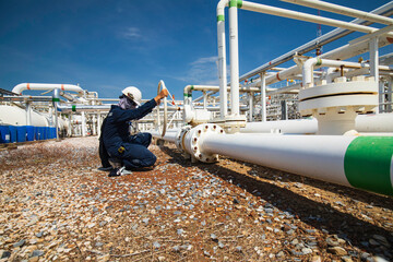 Production operator opening ball valve at pipeline oil and gas wellhead remote platform to control...