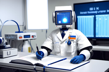 Realistic 3d robot medic works in the hospital. The idea of ​​a helper bot in everyday life. Ai generated illustration.