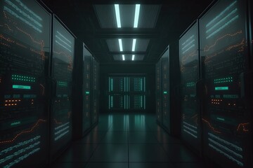 dark servers data center room with computers and storage systems and glowing elements, Generative ai