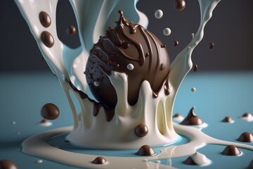 Obraz na płótnie Canvas Chocolate truffles dropping into milk, Generative ai