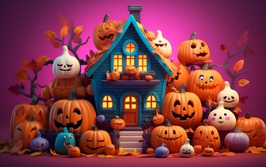 3d halloween background with spooky pumpkins and colorful house