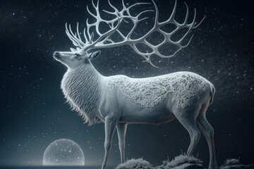 A white stag stands amidst a starry sky, the moon shining through it's antlers, Generative ai