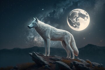 Fototapeta premium A white wolf stands amidst a starry sky, the moon shining through it's antlers, Generative ai