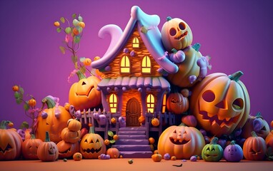 3d halloween background with spooky pumpkins and colorful house