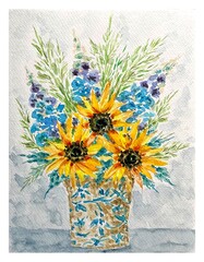 Bouquet of flowers with sunflowers, watercolor painting