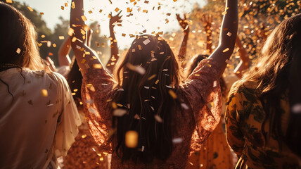 Group of friends enjoying party and throwing confetti. Generative Ai