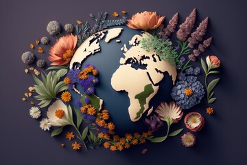 Flat lay illustration of planet Earth created from flowers, Generative ai