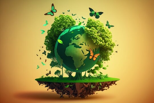 Earth growing trees landscape, flying butterfly on green sunny background. Saving environment, Generative ai